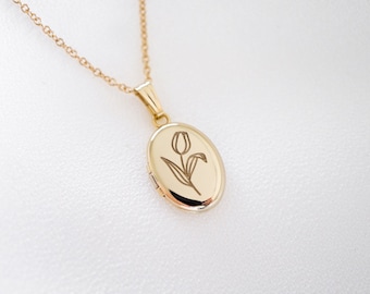 Tulip Flower Oval Locket, Dainty Necklace, 14K Solid Gold, Gold Filled Locket Necklace Gifts
