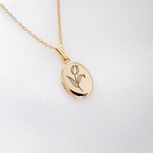 Tulip Flower Oval Locket, Dainty Necklace, 14K Solid Gold, Gold Filled Locket Necklace Gifts image 1