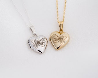 Engraved Butterfly Heart Photo Locket Necklace, Sterling Silver, Gold Filled, Personalized Gift