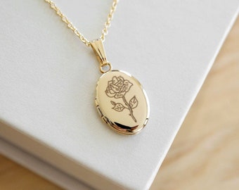 Rose Oval Locket, Necklace, 14K Solid Gold, Locket Necklace Gifts, Oval Locket, June Birth flower