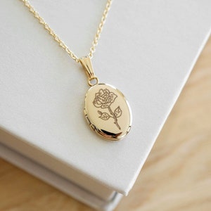 Rose Oval Locket, Necklace, 14K Solid Gold, Locket Necklace Gifts, Oval Locket, June Birth flower