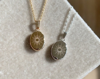 Sunshine Starburst Sun Oval Locket, Personalized Gifts, Engraved Locket With Photo