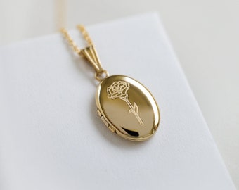 Carnation Flower Oval Locket, 14K Solid Gold, Gold Filled Locket Necklace, January Birth flower