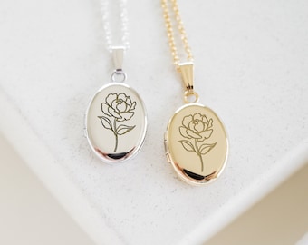 Peony Oval Locket, 14K Gold, Silver Personalized Gifts, November Birth flower