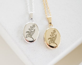 Lily of the Valley Oval Locket, 14K Gold, Silver Personalized Gifts, May Birth flower