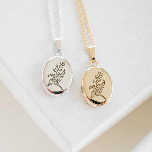Lily of the Valley Oval Locket, 14K Gold, Silver Personalized Gifts, May Birth flower