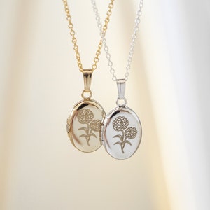 Marigold Flower Oval Locket, 14K Gold Silver Locket Gifts, October Birth flower