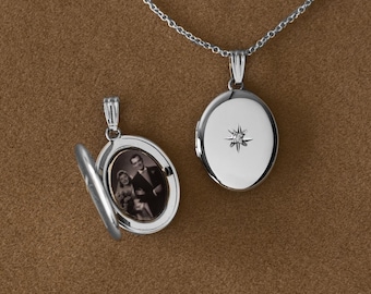 Sterling Silver Diamond North Star Small Oval Locket, Photo Engraved Lockets