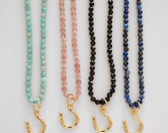 Horse Shoe Charm 14K Gold Plated Natural Gemstone Beaded Necklace