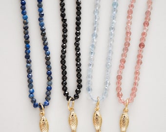Fish Charm 14K Gold Plated Natural Gemstone Beaded Necklace