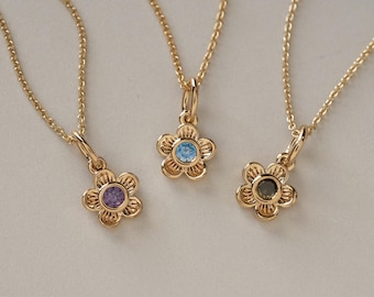 Flower Gold Charm Necklace – 12 Birthstone Options | Personalized Birth Month Necklace | Floral Gift for Her