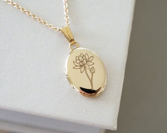 Water Lily Flower Oval Locket Necklace, 14K Gold, Silver Personalized Gifts, July Birth flower