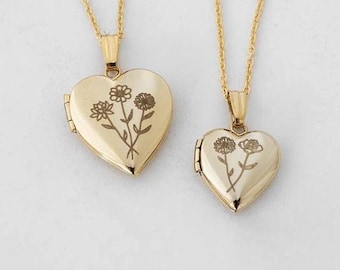 Birth flowers Bouquet Heart Locket, Personalized Gifts, Combined Flowers, Engraved Locket With Photo, Silver, Gold Filled, Solid Gold