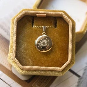 Sunshine Starburst Sun Dainty Round Mini Locket, Personalized Gifts, Engraved Necklace Locket, Gold Filled, Silver, Solid Gold Locket