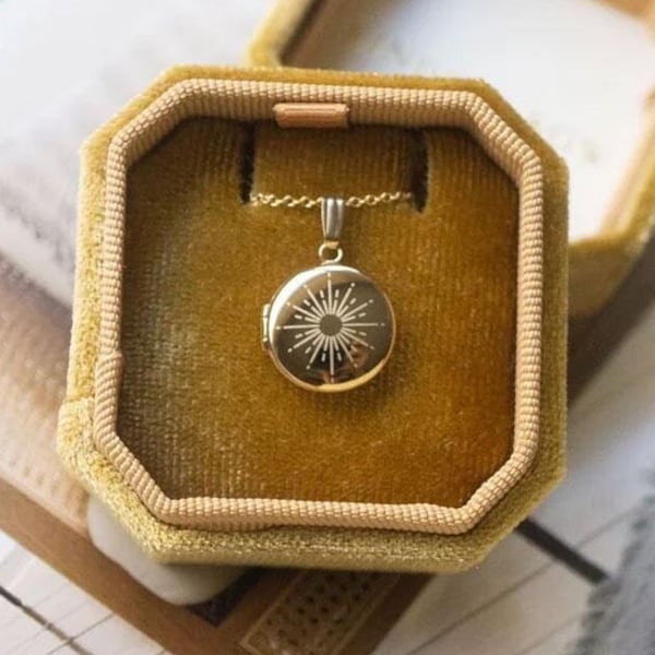 Sunshine Starburst Sun Dainty Round Mini Locket, Personalized Gifts, Engraved Necklace Locket, Gold Filled, Silver, Solid Gold Locket