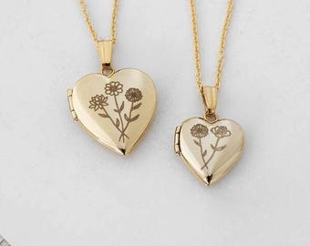 Birth flowers Bouquet Heart Locket, Personalized Gifts, Combined Flowers, Engraved Locket With Photo, Silver, Gold Filled, Solid Gold