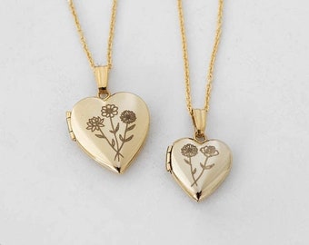 Birth flowers Bouquet Mix Heart Locket, 14K Gold Filled, Silver, Personalized Jewelry Gifts, Combined Flowers, Engraved Necklace