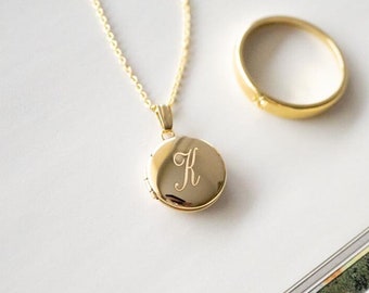 Personalized Initial Letter Round Mini Locket, Gold Filled, Silver, Minimalist Gifts, Engraved Necklace