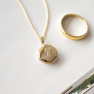 Personalized Initial Letter Round Mini Locket, Gold Filled, Silver, Minimalist Gifts, Engraved Necklace