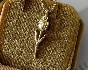 14K Solid Gold Tulip Charm Necklace, Dainty Necklace