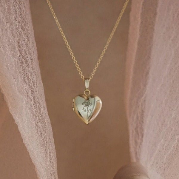 Rose Heart Mini Locket, Necklace, 14K Solid Gold, Locket Necklace, Heart Locket Gifts