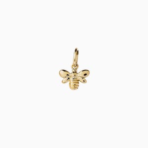 May include: A small, gold-colored bee charm with detailed wings, body, and antennae. The charm has a loop at the top for attaching to a necklace or bracelet. The bee is a symbol of nature and springtime.