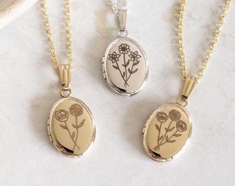 Birth flowers Bouquet Mix Oval Photo Locket, Gift for Her, Personalized Gifts, Combined Flowers, Engraved Locket