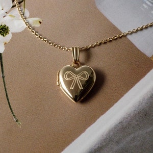 Bow Ribbon Heart Photo Locket, Minimalist Personalized Gifts, Engraved Necklace, Silver, Gold Filled, Solid Gold