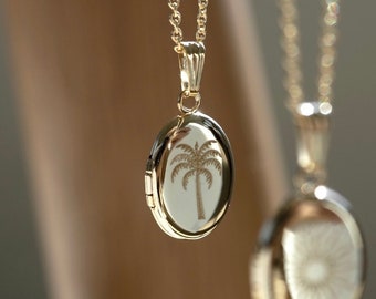 Medallón ovalado de palmera, medallón con foto personalizado, chapado en oro o plata de ley