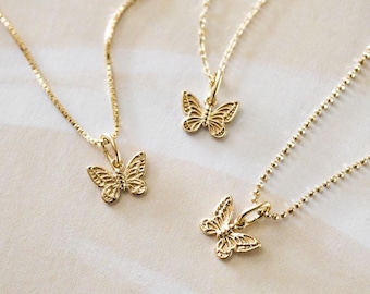 14K Solid Gold Mini Butterfly Charm Necklace, Dainty Necklace