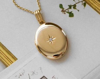 14K Solid Yellow Gold Diamond North Star Small Oval Locket, Photo Engraved Lockets