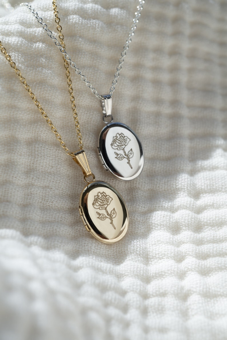Rose Oval Locket Necklace 14K Solid Gold Locket Necklace Etsy