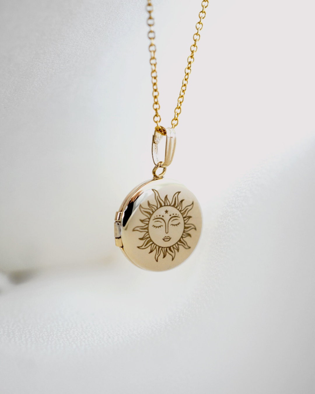 Sun Chain Locket Sun Dainty Round Mini Locket, Personalized Gifts, Engravable Necklace ...