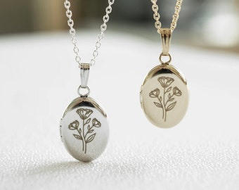 Wildflower Oval Locket Necklace, Personalized Gifts