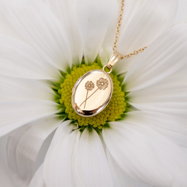 Daisy Oval Locket, Necklace, 14K Gold, Silver Personalized Gifts, April Birth flower