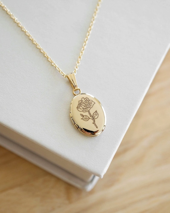 Rose Oval Locket Necklace 14K Solid Gold Locket Necklace 