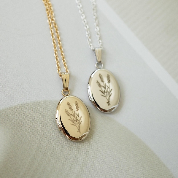 Lavender Oval Locket, Engraved Locket With Photo, 14K Solid Gold, Gold Filled Locket Necklace, Personalized Gifts