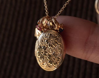 Floral Oval Locket Necklace, Gold Filled, Sterling Silver, 14K Solid Gold
