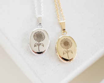 Sunflower Oval Locket Necklace, 14K Gold, Silver Personalized Photo Gifts