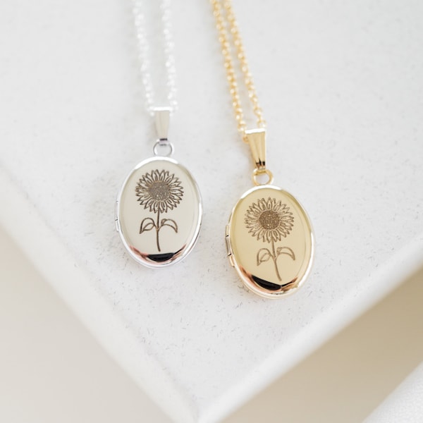 Sunflower Oval Locket Necklace, 14K Gold, Silver Personalized Photo Gifts