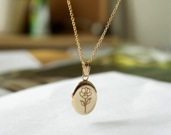 Magnolia Flower Oval Locket, Gift for Mom,  Personalized Jewelry Gifts, Engraved Necklace