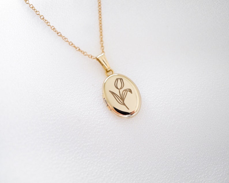 Tulip Flower Oval Locket, Dainty Necklace, 14K Solid Gold, Gold Filled Locket Necklace Gifts image 1