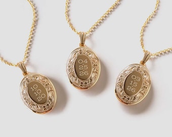 Date Garden Filigree Frame Oval Locket, Gold Filled, Silver, Solid Gold Locket, Anniversary, Wedding, Birthday, Personalized Gift