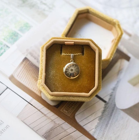 Sunshine Starburst Sun Dainty Round Mini Locket, Personalized Gifts, Engraved Necklace Locket, Gold Filled, Silver, Solid Gold Locket