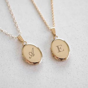 Initial Letter Oval Picture Locket, Keepsake, Bridesmaid Gifts, Engraved Necklace, Gold Filled, Silver, 14K Solid Gold