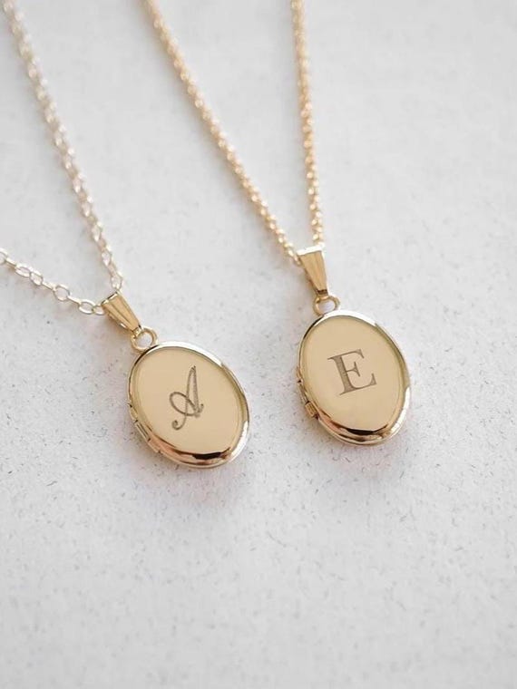 Initial Letter Oval Picture Locket, Keepsake, Bridesmaid Gifts, Engraved Necklace, Gold Filled, Silver, 14K Solid Gold