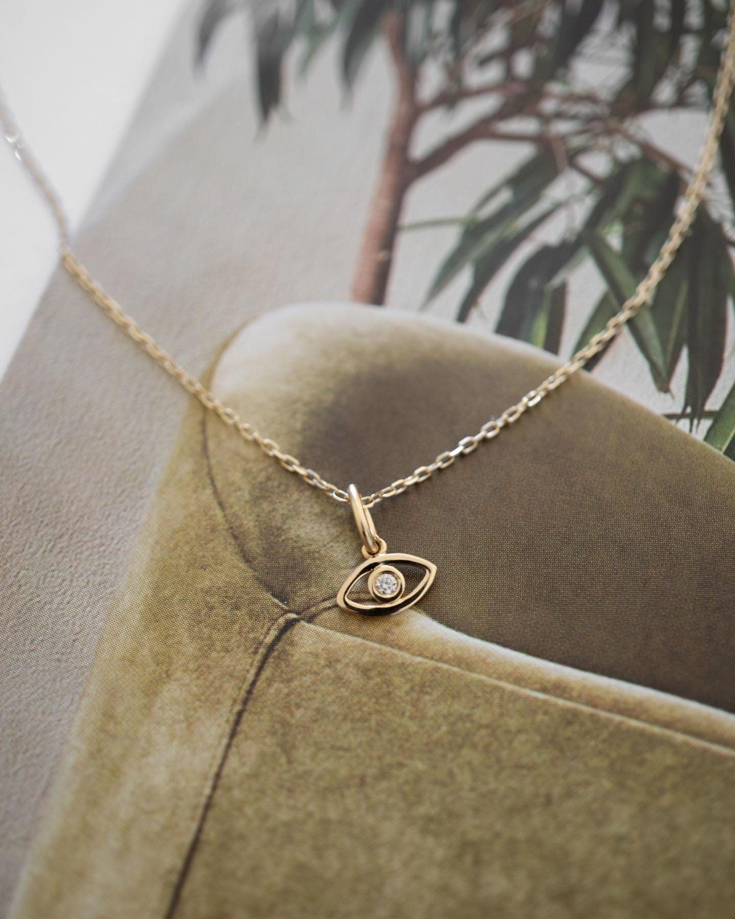 14K Solid Evil Eye Diamond Charm Necklace, Dainty Necklace
