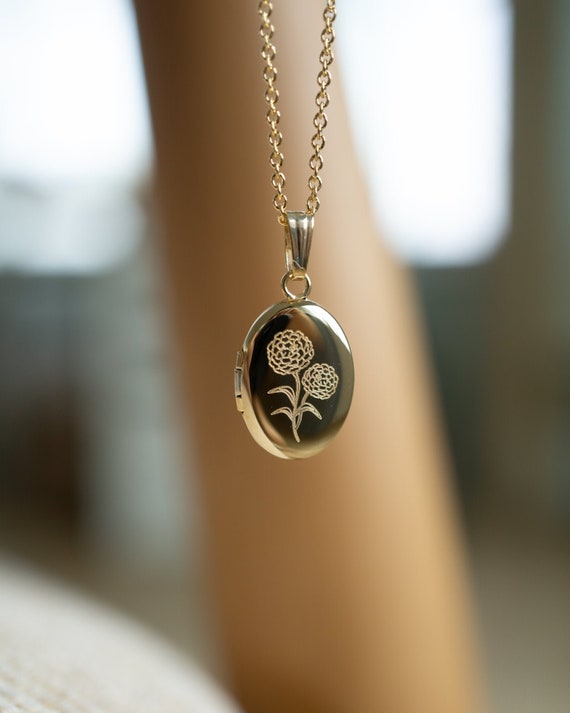 Marigold Flower Oval Mini Locket 14K 