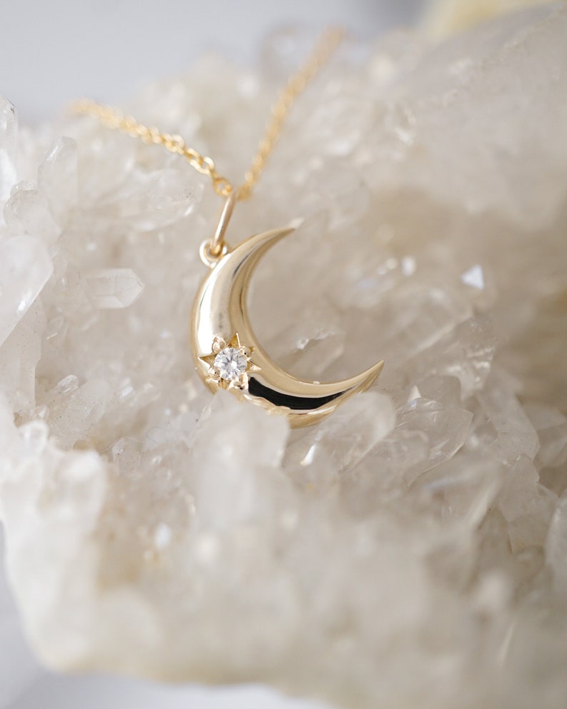 Star and Moon Necklace Vintage Inspired Moon 14K Celestial Crescent Gypsy Starburst Moon Diamond Necklace