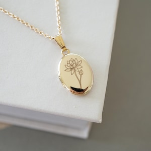 Water Lily Flower Oval Locket Necklace, 14K Gold, Silver Personalized Gifts, July Birth flower
